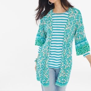 Chico's Tile Striped Cardigan Bell Sleeve Turquoise Teal Lightweight Womens Sz 2